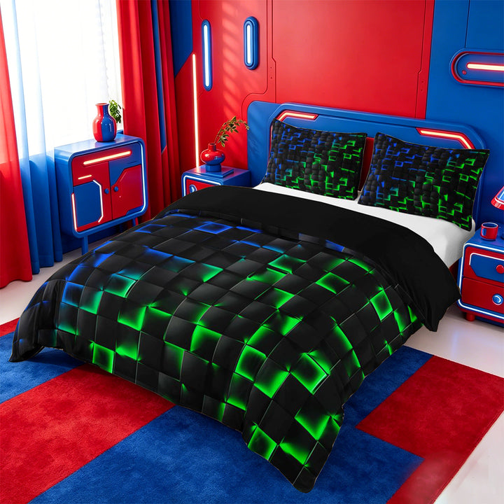 meiyoeat 3D Buffalo Plaid Bedding For Kids,Green Blue Geometric Pattern Duvet Cover Full For Boys,Black Reversible,3 Pieces(No Comforter)