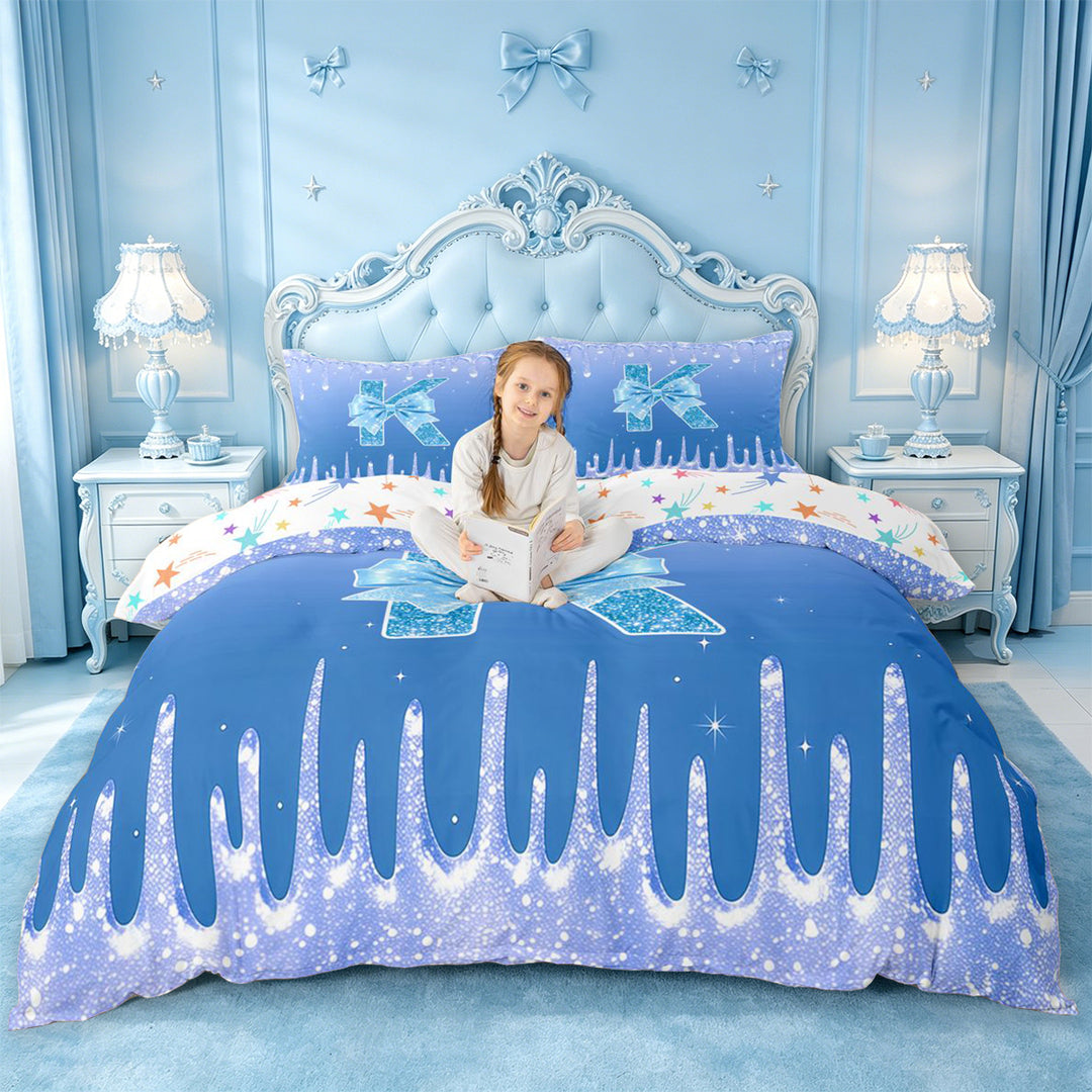 meiyoeat Blue Princess Bow Bedding,Blue Glitter Print Monogrammed K Letter Duvet Cover Full For Girl,Colorful Stars Reversible,3 Pieces,1 Duvet Cover and 2 Pillowcases