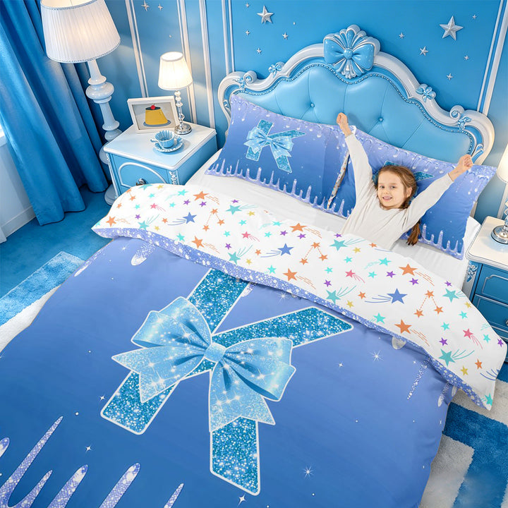 meiyoeat Blue Princess Bow Bedding,Blue Glitter Print Monogrammed K Letter Duvet Cover Full For Girl,Colorful Stars Reversible,3 Pieces,1 Duvet Cover and 2 Pillowcases
