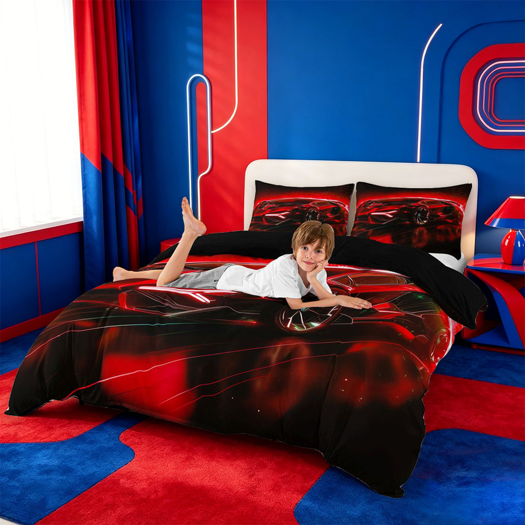 meiyoeat Red Sports Car Bedding For Kids,Classic High Speed Games Duvet Cover Full For Boys,Black Reversible,3-Piece(No Comforter)