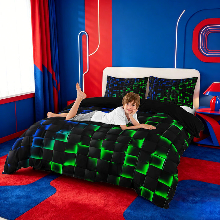 meiyoeat 3D Buffalo Plaid Bedding For Kids,Green Blue Geometric Pattern Duvet Cover Full For Boys,Black Reversible,3 Pieces(No Comforter)