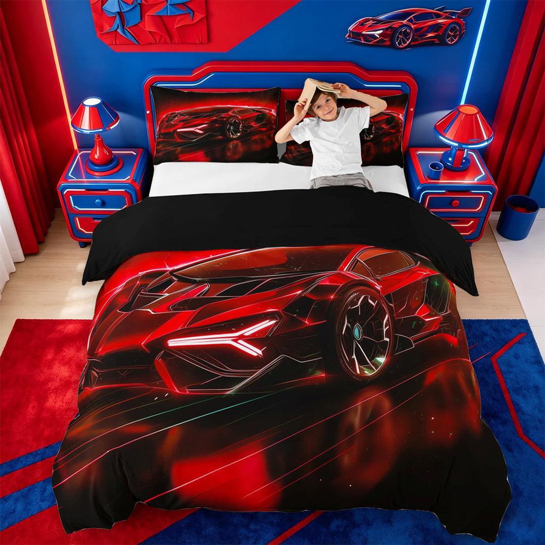 meiyoeat Red Sports Car Bedding For Kids,Classic High Speed Games Duvet Cover Full For Boys,Black Reversible,3-Piece(No Comforter)