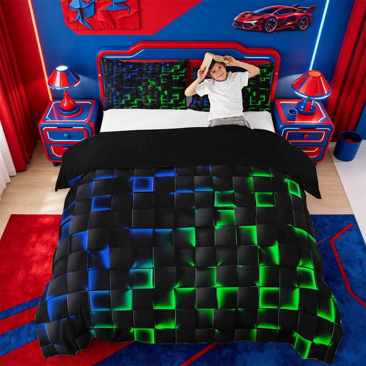 meiyoeat 3D Buffalo Plaid Bedding For Kids,Green Blue Geometric Pattern Duvet Cover Full For Boys,Black Reversible,3 Pieces(No Comforter)