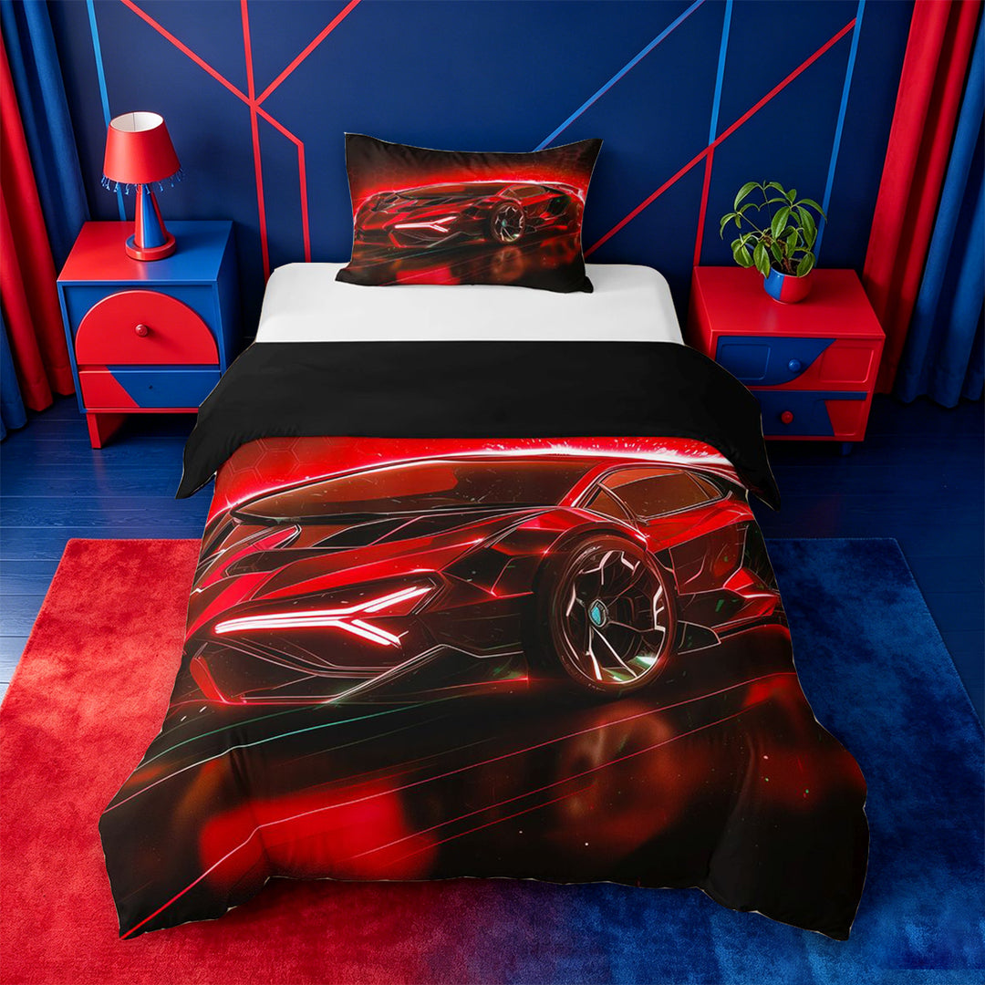 meiyoeat Red Sports Car Bedding For Kids,Classic High Speed Games Duvet Cover Full For Boys,Black Reversible,3-Piece(No Comforter)