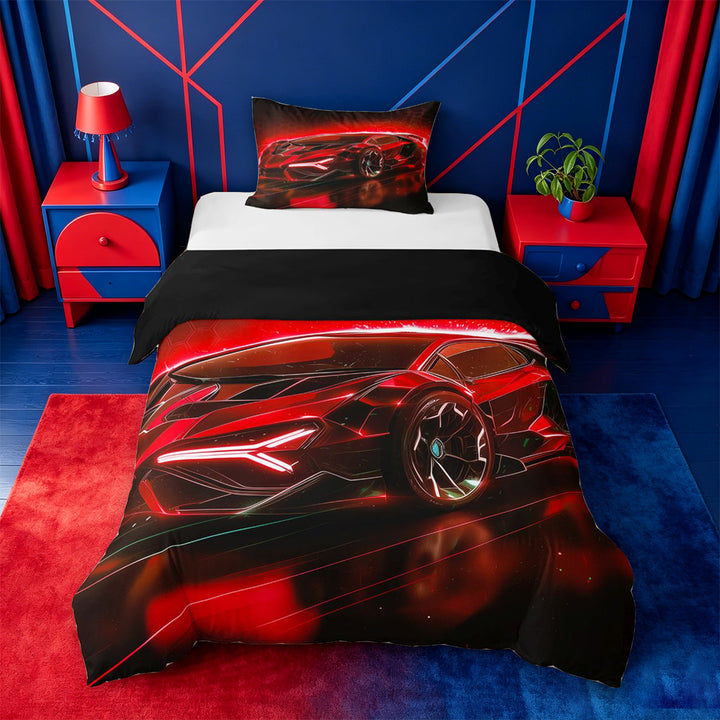 meiyoeat Red Sports Car Bedding For Kids,Classic High Speed Games Duvet Cover Full For Boys,Black Reversible,3-Piece(No Comforter)