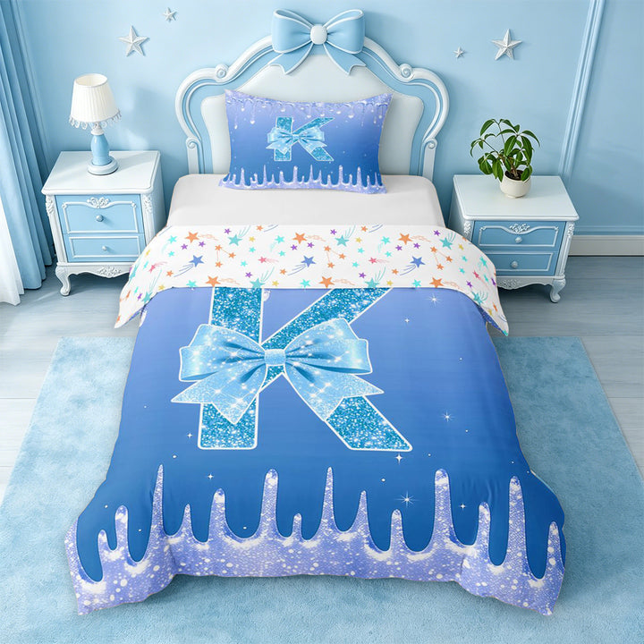meiyoeat Blue Princess Bow Bedding,Blue Glitter Print Monogrammed K Letter Duvet Cover Full For Girl,Colorful Stars Reversible,3 Pieces,1 Duvet Cover and 2 Pillowcases