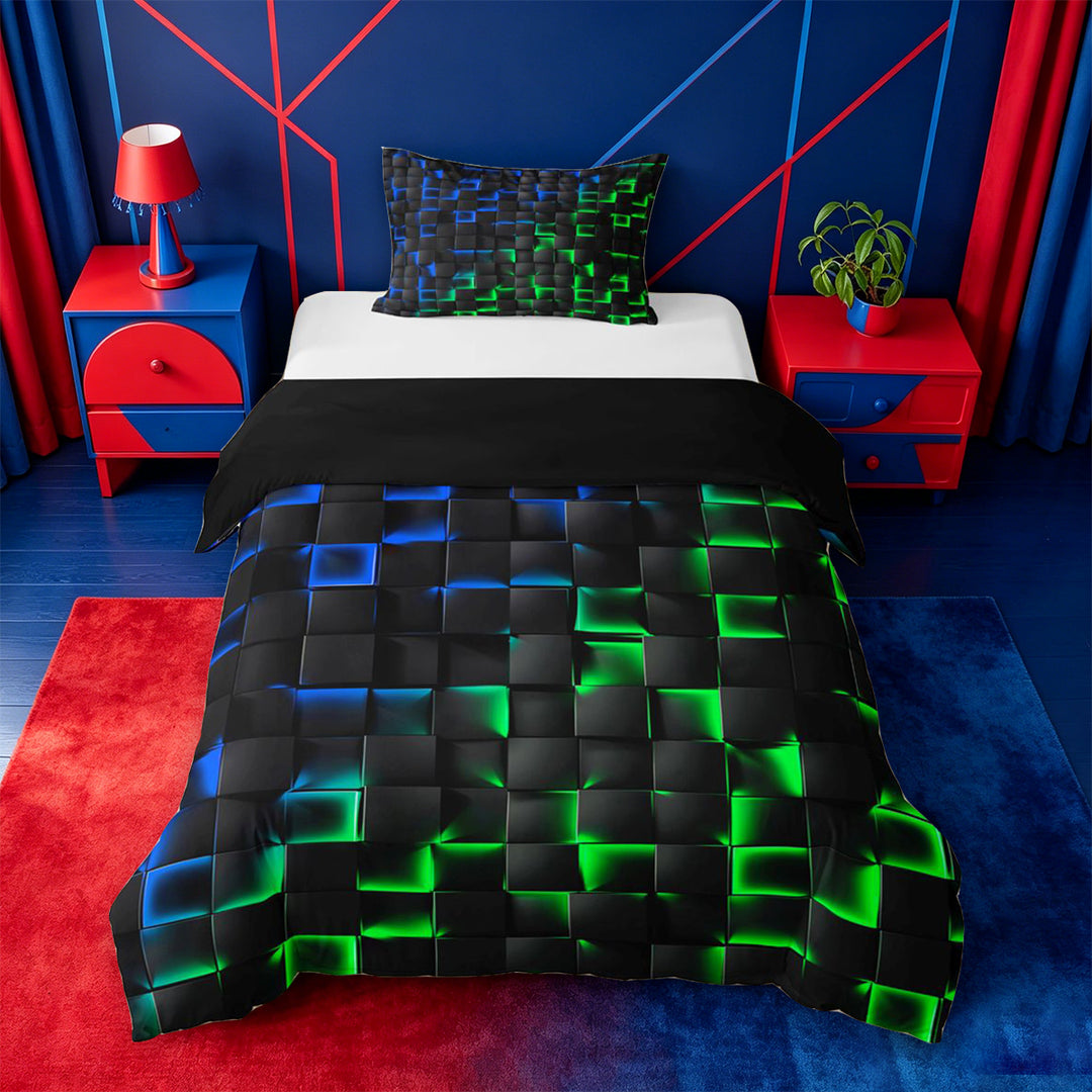 meiyoeat 3D Buffalo Plaid Bedding For Kids,Green Blue Geometric Pattern Duvet Cover Full For Boys,Black Reversible,3 Pieces(No Comforter)