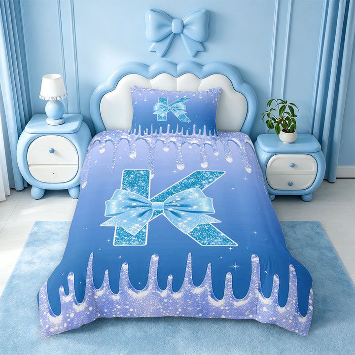 meiyoeat Blue Princess Bow Bedding,Blue Glitter Print Monogrammed K Letter Duvet Cover Full For Girl,Colorful Stars Reversible,3 Pieces,1 Duvet Cover and 2 Pillowcases