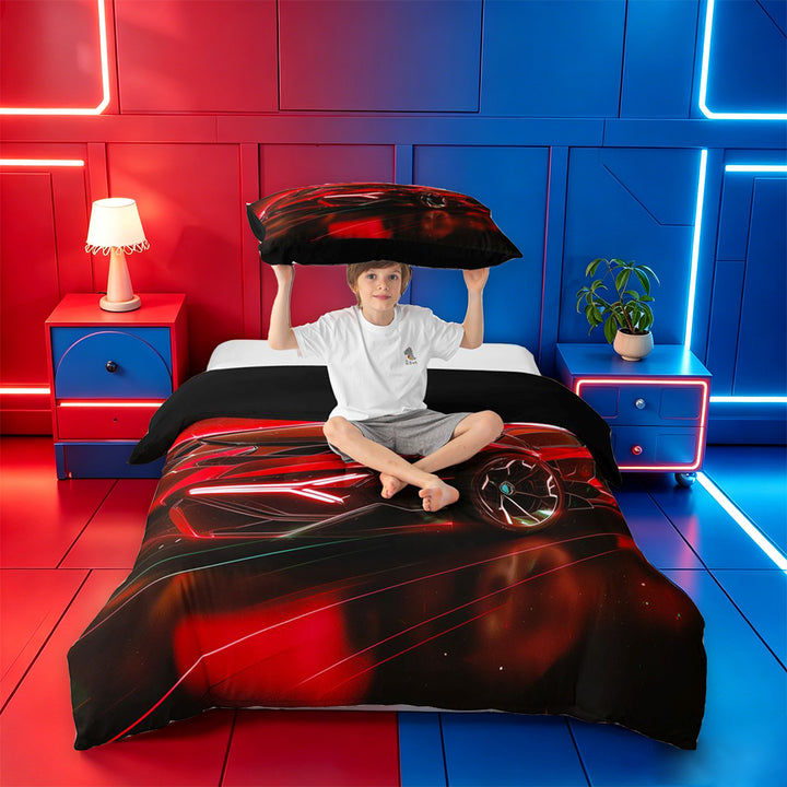 meiyoeat Red Sports Car Bedding For Kids,Classic High Speed Games Duvet Cover Full For Boys,Black Reversible,3-Piece(No Comforter)