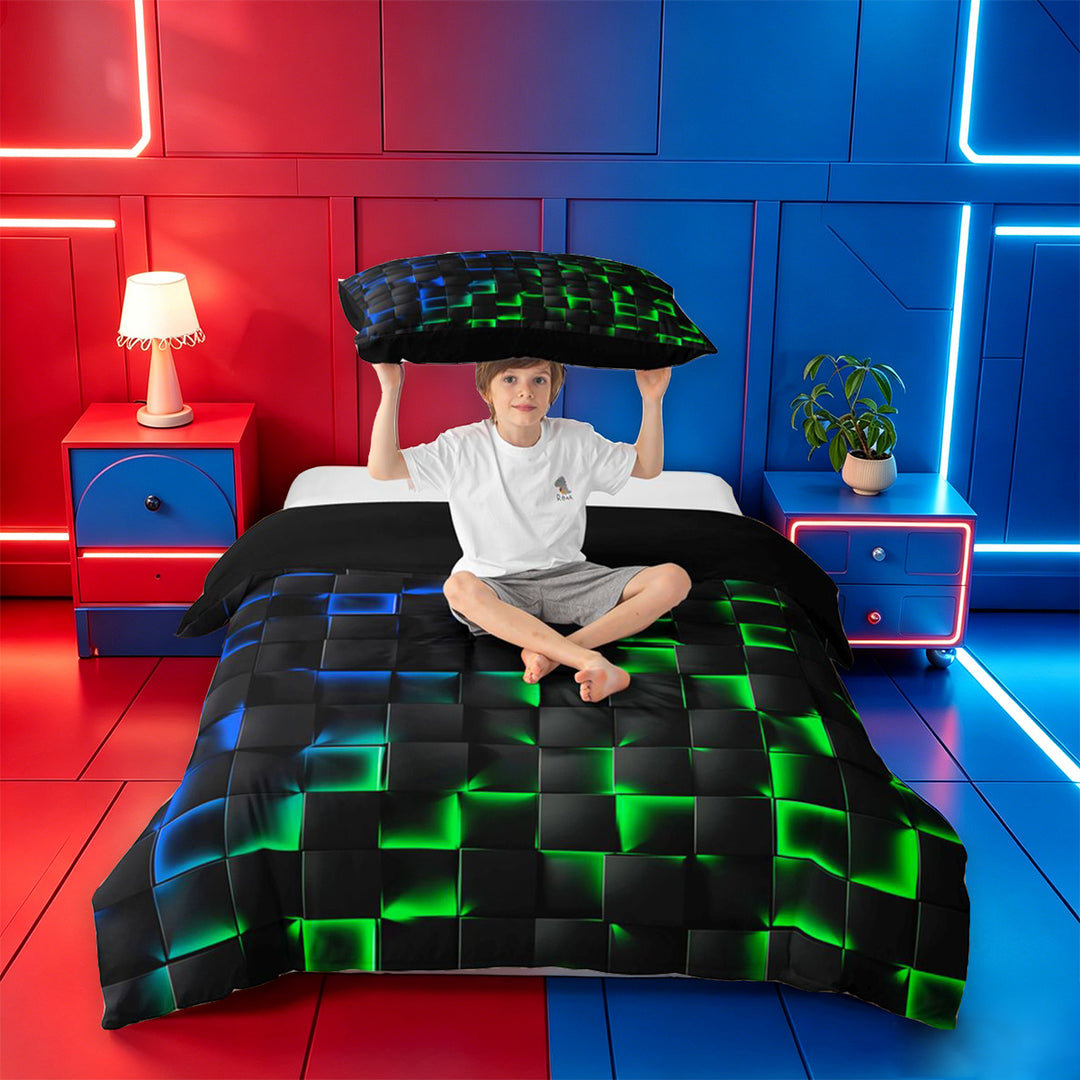 meiyoeat 3D Buffalo Plaid Bedding For Kids,Green Blue Geometric Pattern Duvet Cover Full For Boys,Black Reversible,3 Pieces(No Comforter)