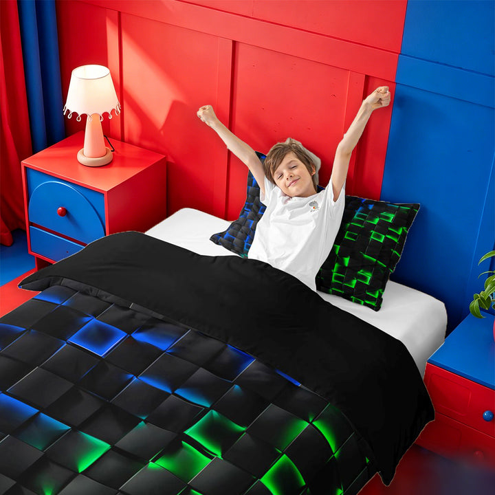 meiyoeat 3D Buffalo Plaid Bedding For Kids,Green Blue Geometric Pattern Duvet Cover Full For Boys,Black Reversible,3 Pieces(No Comforter)
