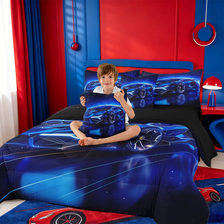 meiyoeat Blue Racing Car 7 Pieces Full Size Bedding Sets For Boys Kids,Outdoor Extreme Sports Full Size Bed in a Bag For Speed Games Lovers,Black Reversible