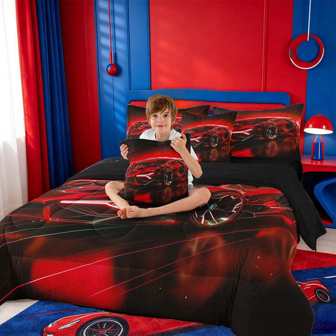 meiyoeat Red Sports Car 7 Pieces Full Size Bedding Sets For Kids,Classic High Speed Games Full Size Bed in a Bag For Boys,Black Reversible