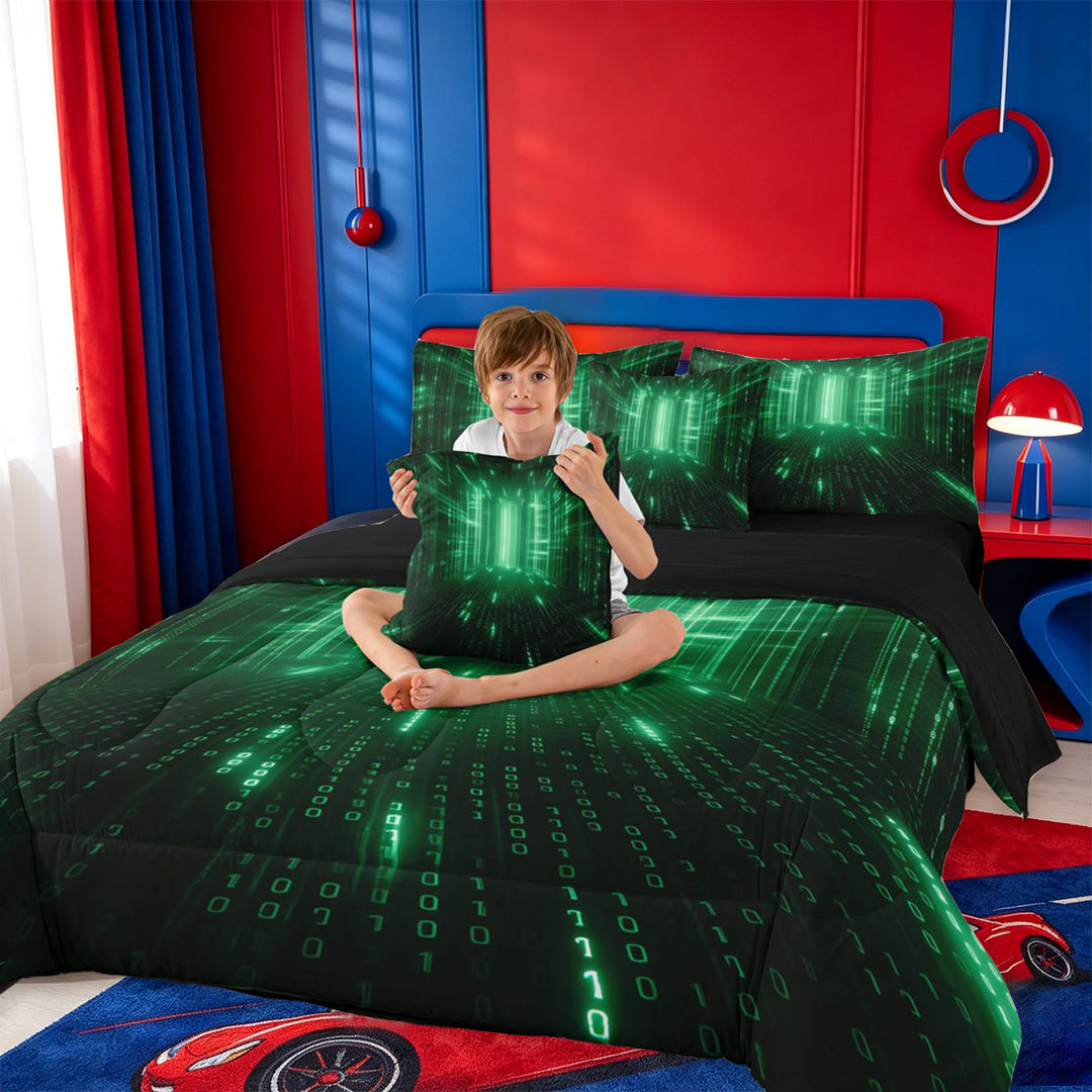 meiyoeat Modern Neon Geometric 7 Pieces Full Size Bedding Sets For Kids,Green Plaid Buffalo Full Size Bed in a Bag For Boys,Black Reversible