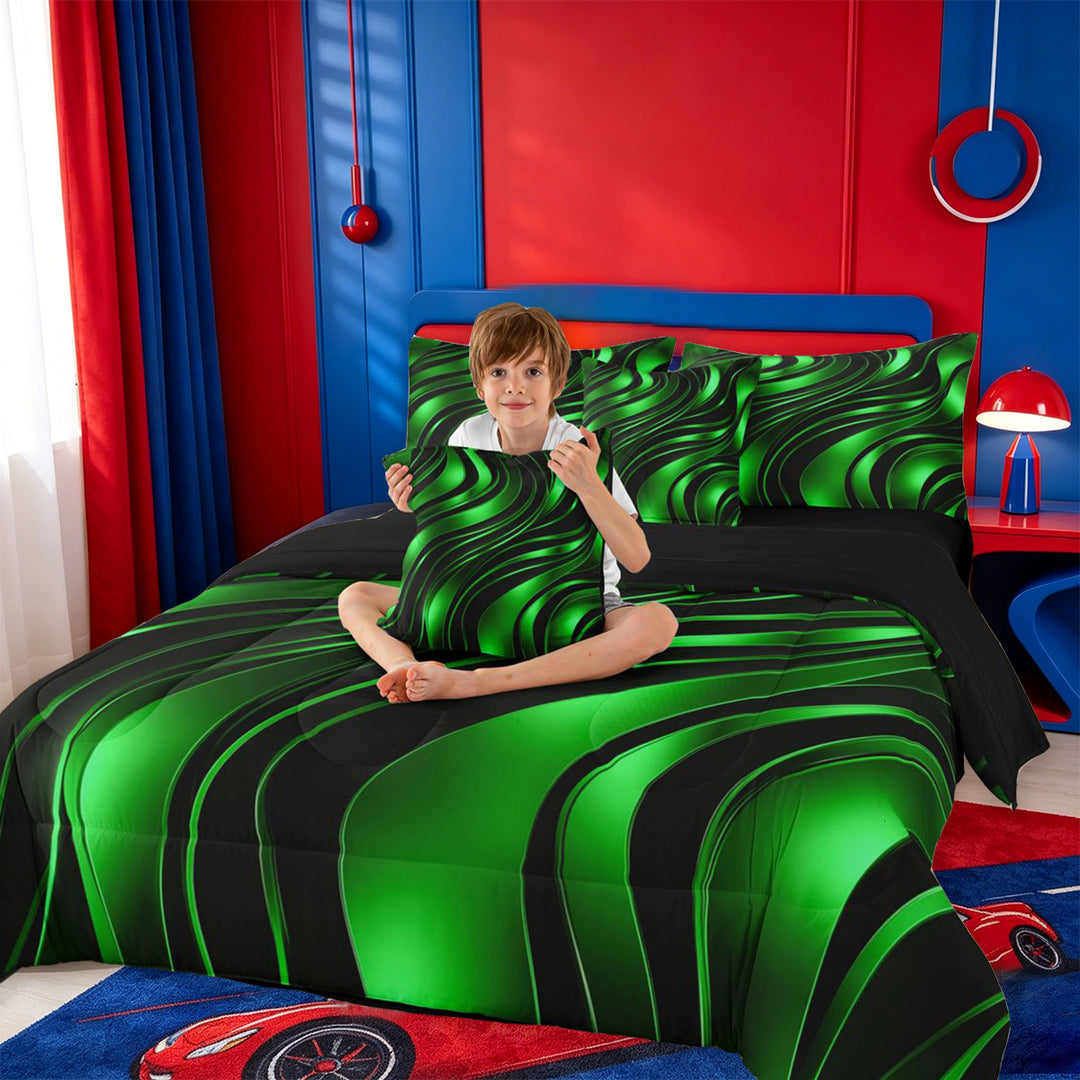 meiyoeat Abstract Geometric Stripes 7 Pieces Full Size Bedding Sets For Boys,Green Neon Lines Pattern Full Size Bed in a Bag For Kids,Black Reversible