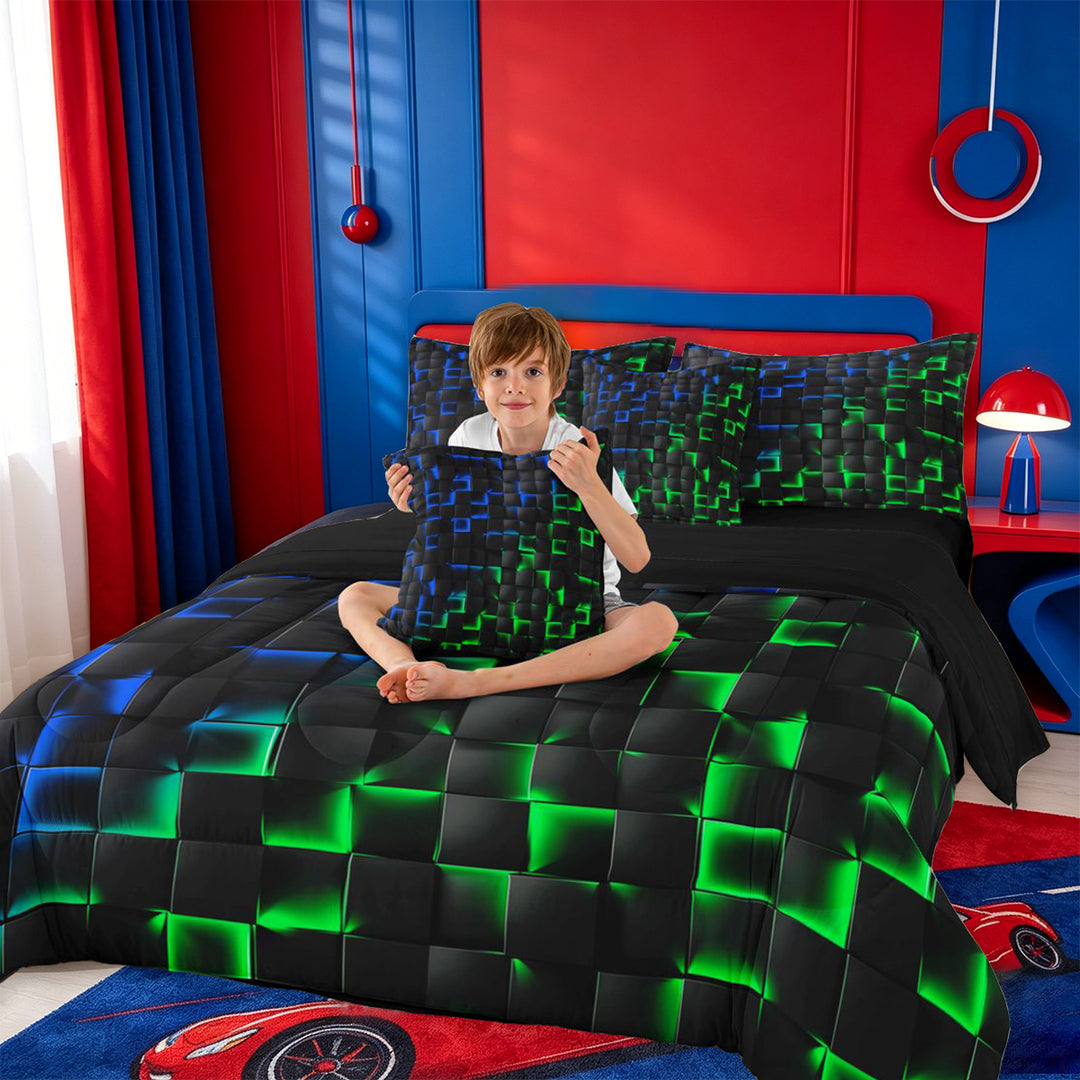 meiyoeat 3D Buffalo Plaid 7 Pieces Full Size Bedding Sets For Kids,Green Blue Geometric Pattern Full Size Bed in a Bag For Boys,Black Reversible
