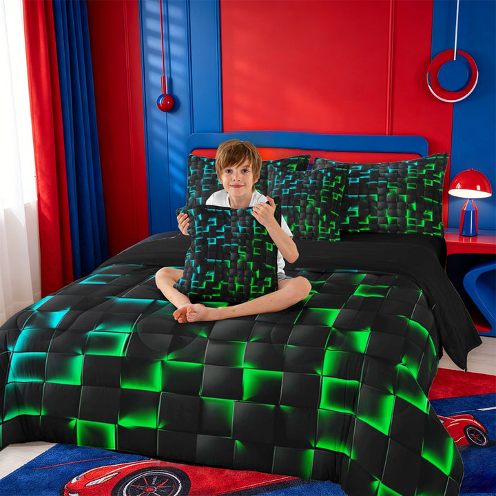 meiyoeat Classic Geometric Checkered 7 Pieces Full Size Bedding Sets For Kids,Gradient Neon Blue Green Full Size Bed in a Bag For Boys,Black Reversible