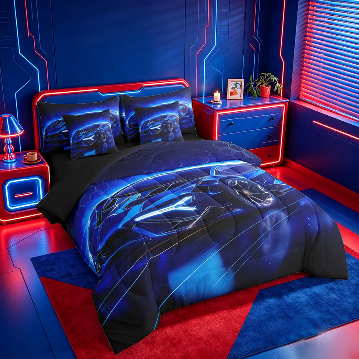 meiyoeat Blue Racing Car 7 Pieces Full Size Bedding Sets For Boys Kids,Outdoor Extreme Sports Full Size Bed in a Bag For Speed Games Lovers,Black Reversible