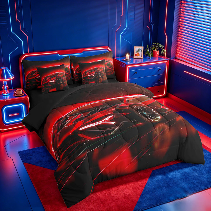meiyoeat Red Sports Car 7 Pieces Full Size Bedding Sets For Kids,Classic High Speed Games Full Size Bed in a Bag For Boys,Black Reversible