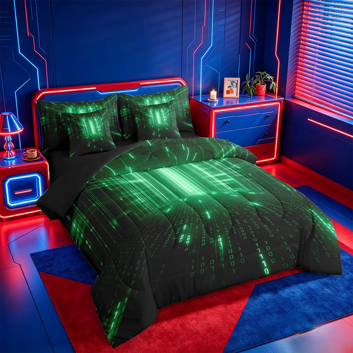 meiyoeat Modern Neon Geometric 7 Pieces Full Size Bedding Sets For Kids,Green Plaid Buffalo Full Size Bed in a Bag For Boys,Black Reversible