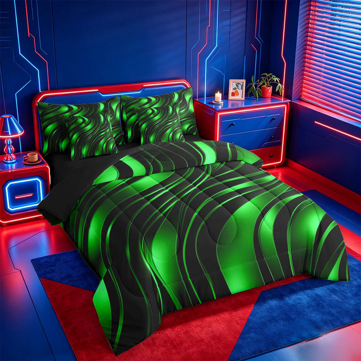 meiyoeat Abstract Geometric Stripes 7 Pieces Full Size Bedding Sets For Boys,Green Neon Lines Pattern Full Size Bed in a Bag For Kids,Black Reversible