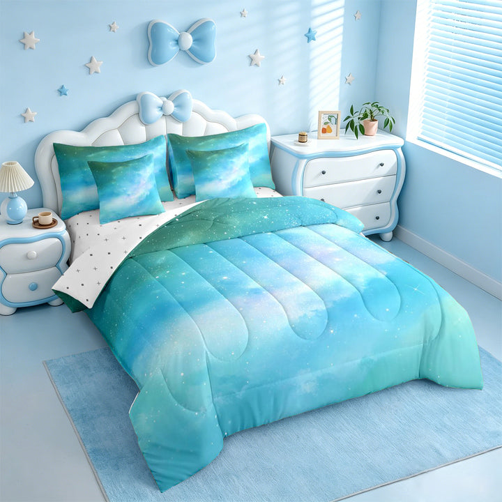 meiyoeat Teal Galaxy Star 7 Pieces Full Size Bedding Sets,Calm Magical Sky Pattern Full Size Bed in a Bag For Girl,Reversible