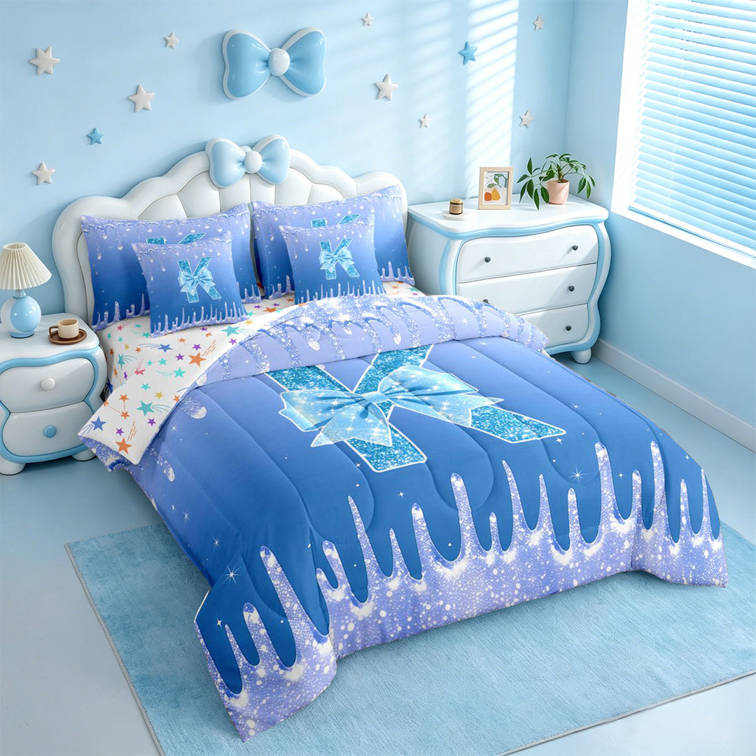 meiyoeat Blue Princess Bow 7 Pieces Full Size Bedding Sets,Blue Glitter Print Monogrammed K Letter Full Size Bed in a Bag For Girl,Colorful Stars Reversible