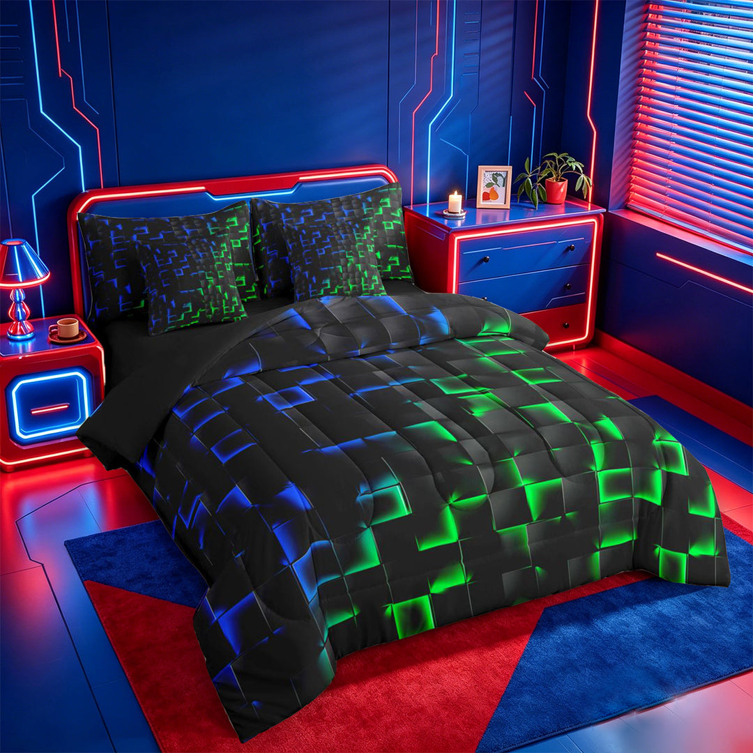 meiyoeat 3D Buffalo Plaid 7 Pieces Full Size Bedding Sets For Kids,Green Blue Geometric Pattern Full Size Bed in a Bag For Boys,Black Reversible