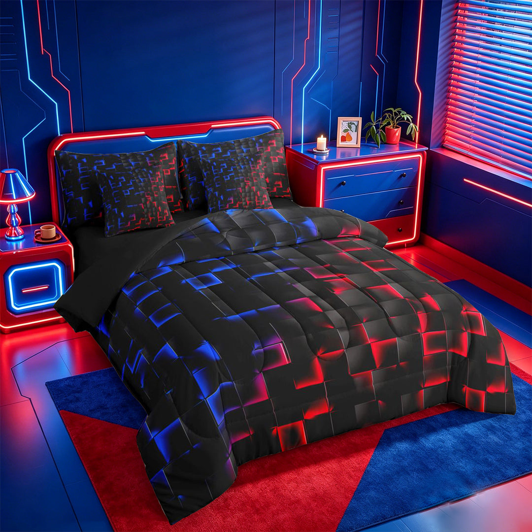 meiyoeat Geometric Abstract Art 7 Pieces Full Size Bedding Sets For Boys,Modern Plaid Full Size Bed in a Bag For Kids,Black Reversible