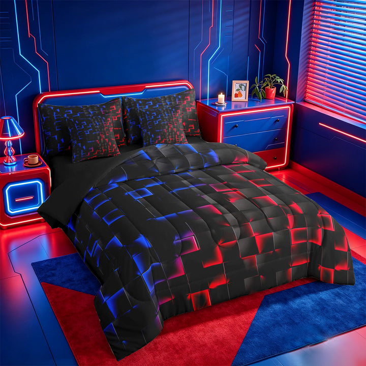 meiyoeat Geometric Abstract Art 7 Pieces Full Size Bedding Sets For Boys,Modern Plaid Full Size Bed in a Bag For Kids,Black Reversible