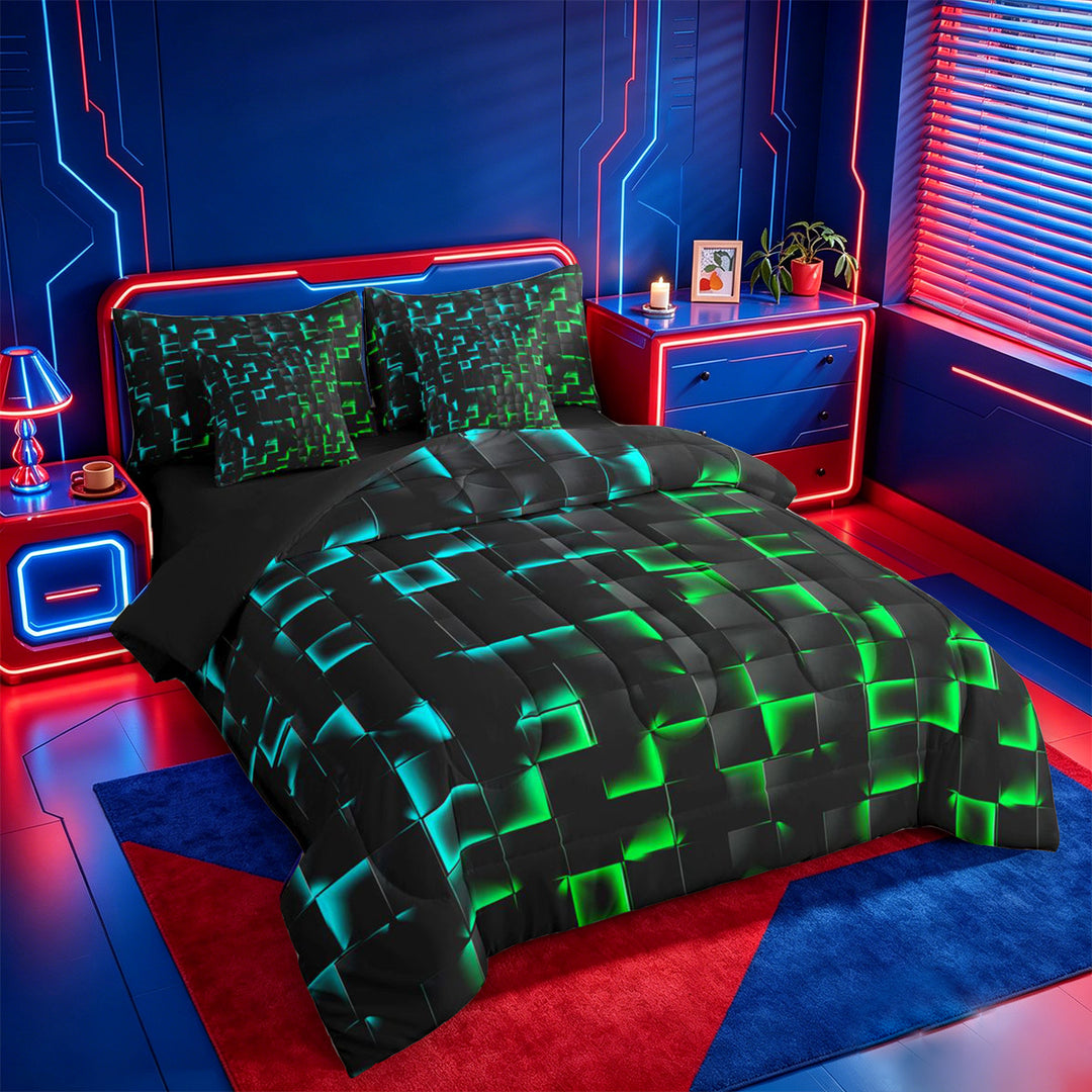 meiyoeat Classic Geometric Checkered 7 Pieces Full Size Bedding Sets For Kids,Gradient Neon Blue Green Full Size Bed in a Bag For Boys,Black Reversible