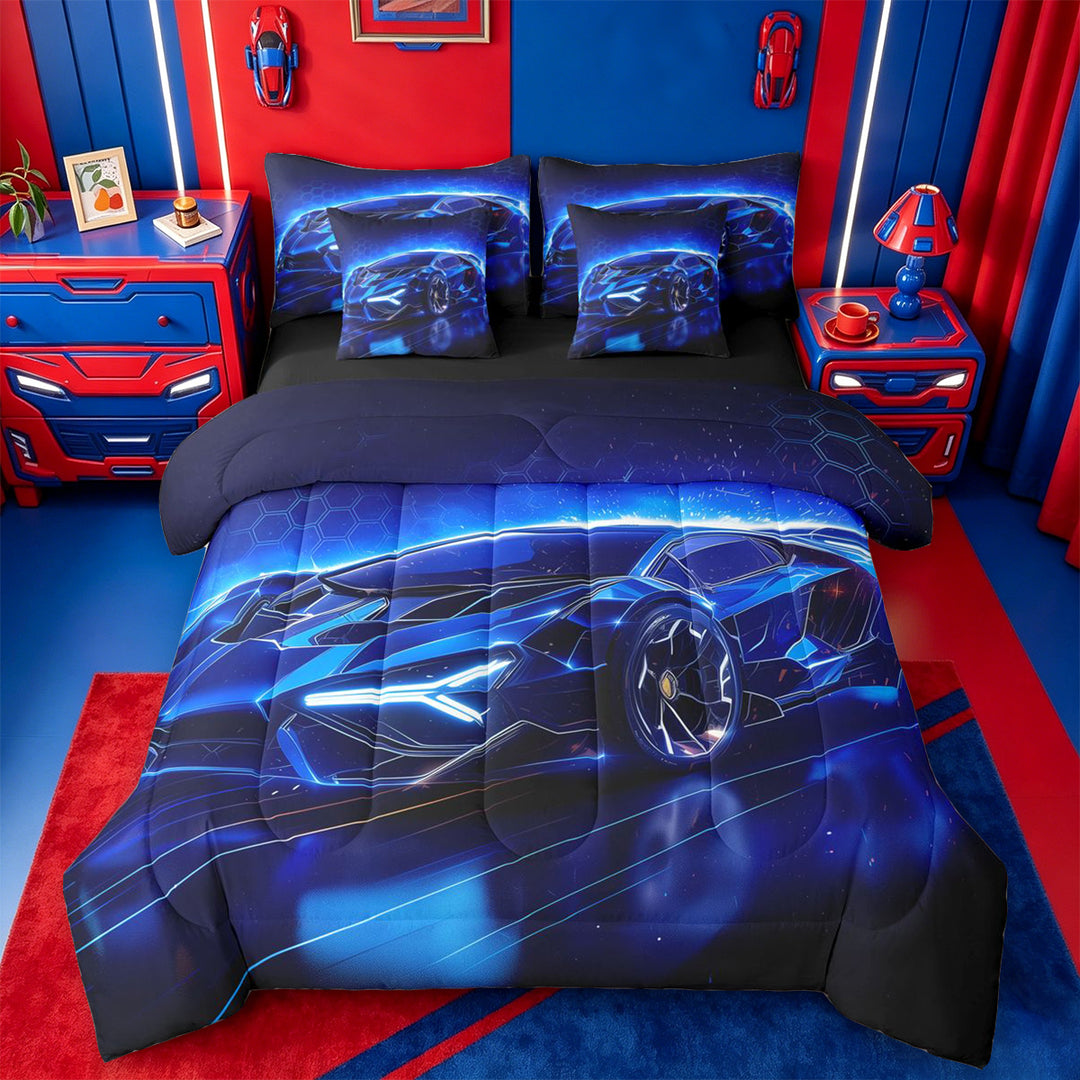 meiyoeat Blue Racing Car 7 Pieces Full Size Bedding Sets For Boys Kids,Outdoor Extreme Sports Full Size Bed in a Bag For Speed Games Lovers,Black Reversible