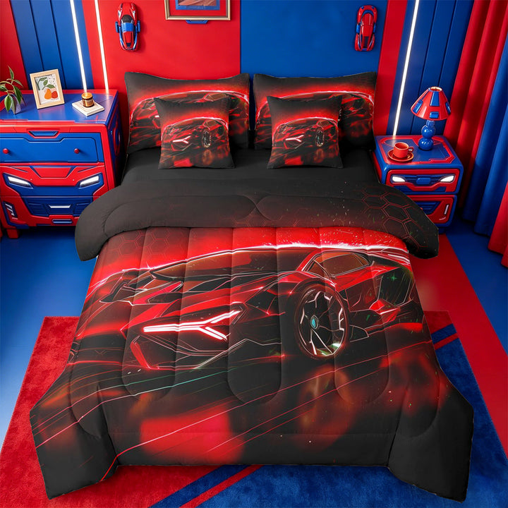 meiyoeat Red Sports Car 7 Pieces Full Size Bedding Sets For Kids,Classic High Speed Games Full Size Bed in a Bag For Boys,Black Reversible
