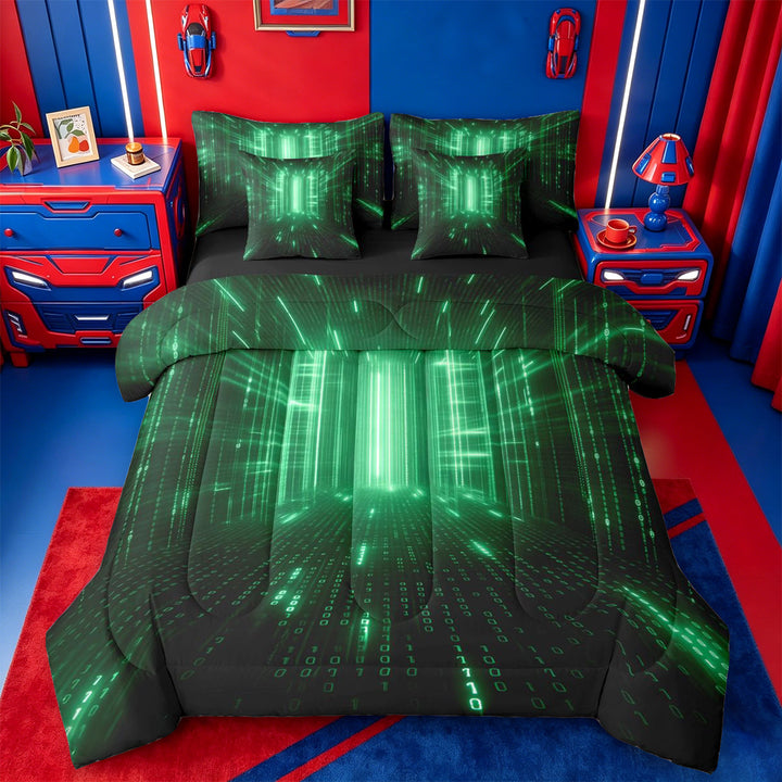 meiyoeat Modern Neon Geometric 7 Pieces Full Size Bedding Sets For Kids,Green Plaid Buffalo Full Size Bed in a Bag For Boys,Black Reversible