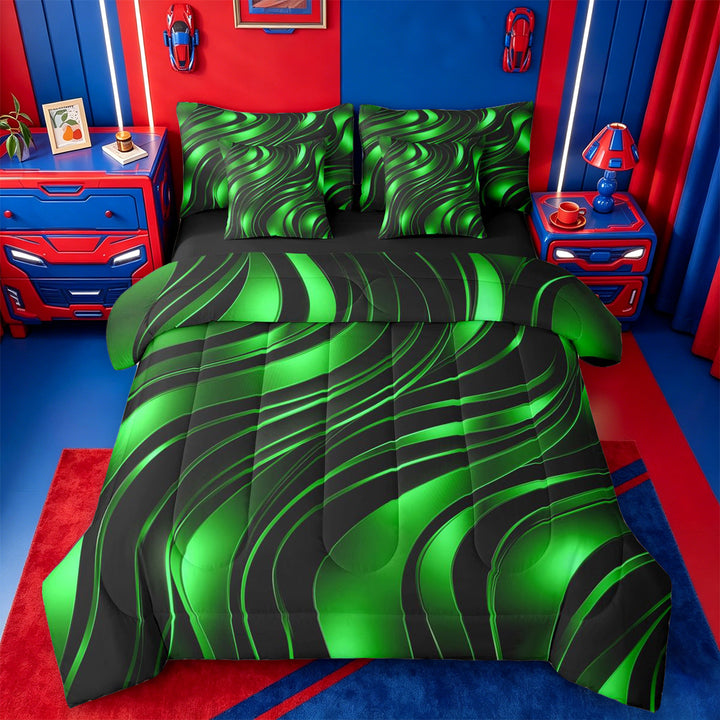 meiyoeat Abstract Geometric Stripes 7 Pieces Full Size Bedding Sets For Boys,Green Neon Lines Pattern Full Size Bed in a Bag For Kids,Black Reversible