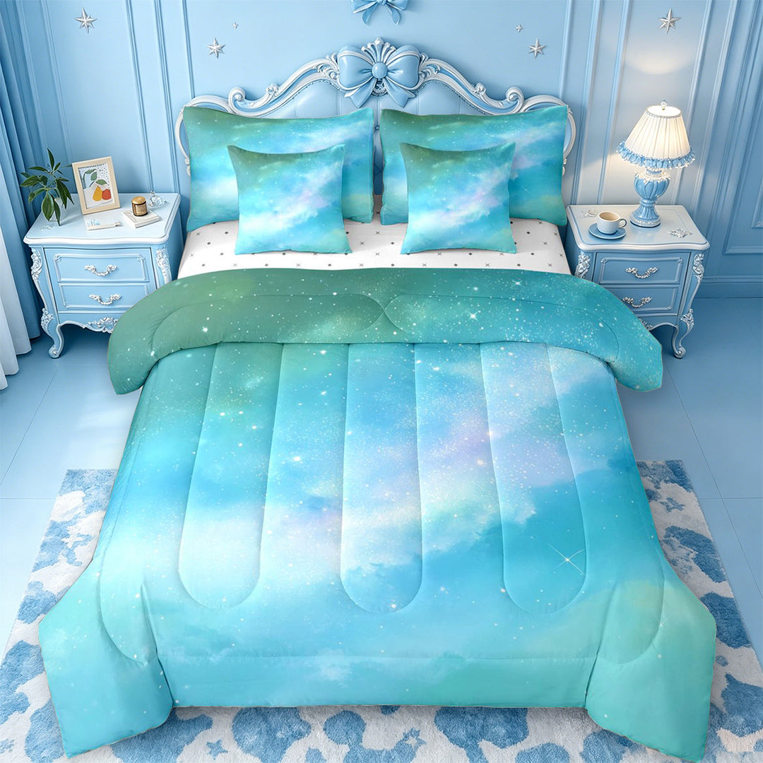 meiyoeat Teal Galaxy Star 7 Pieces Full Size Bedding Sets,Calm Magical Sky Pattern Full Size Bed in a Bag For Girl,Reversible