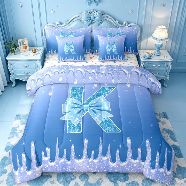 meiyoeat Blue Princess Bow 7 Pieces Full Size Bedding Sets,Blue Glitter Print Monogrammed K Letter Full Size Bed in a Bag For Girl,Colorful Stars Reversible