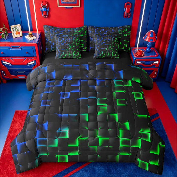 meiyoeat 3D Buffalo Plaid 7 Pieces Full Size Bedding Sets For Kids,Green Blue Geometric Pattern Full Size Bed in a Bag For Boys,Black Reversible