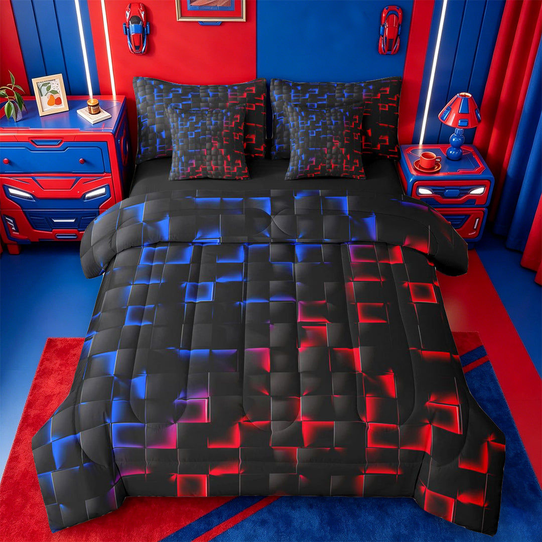 meiyoeat Geometric Abstract Art 7 Pieces Full Size Bedding Sets For Boys,Modern Plaid Full Size Bed in a Bag For Kids,Black Reversible