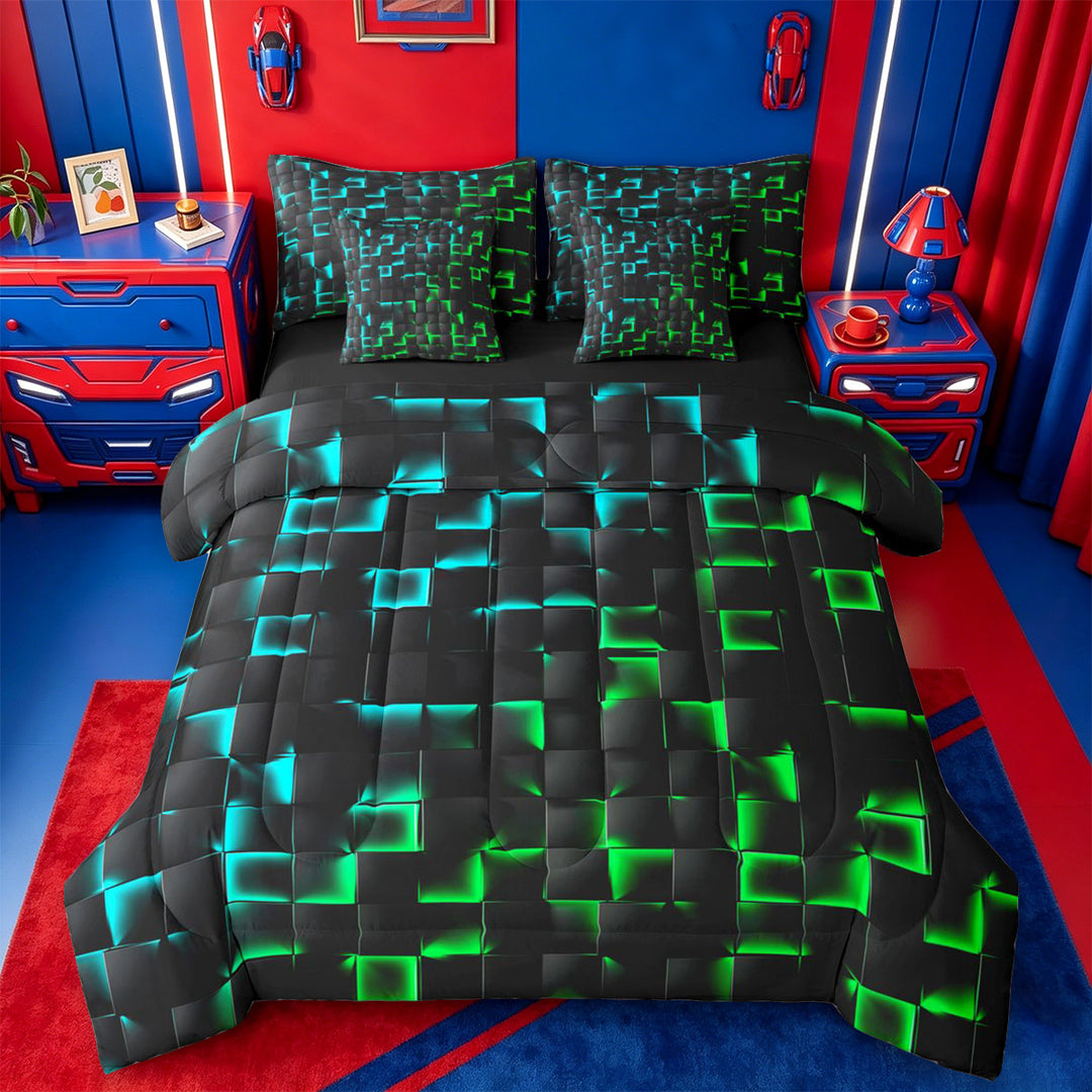 meiyoeat Classic Geometric Checkered 7 Pieces Full Size Bedding Sets For Kids,Gradient Neon Blue Green Full Size Bed in a Bag For Boys,Black Reversible