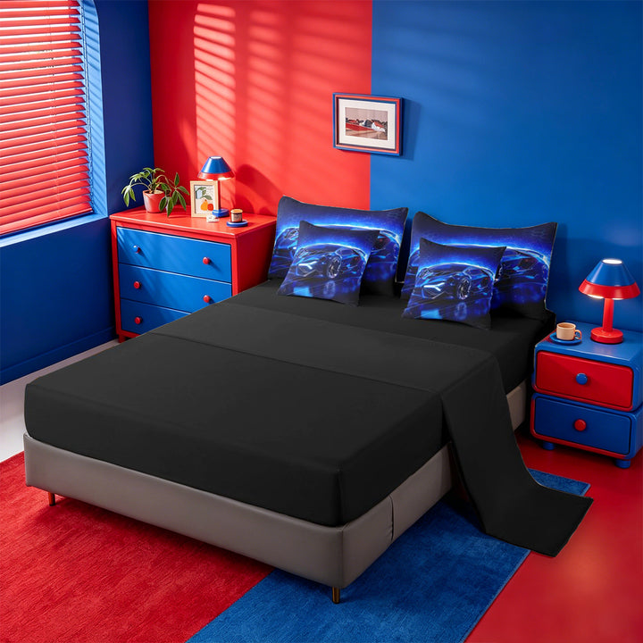 meiyoeat Blue Racing Car 7 Pieces Full Size Bedding Sets For Boys Kids,Outdoor Extreme Sports Full Size Bed in a Bag For Speed Games Lovers,Black Reversible