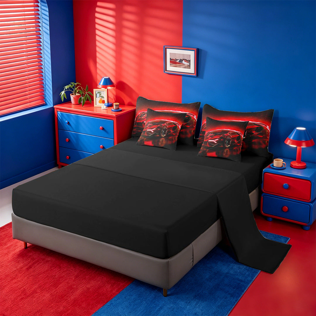 meiyoeat Red Sports Car 7 Pieces Full Size Bedding Sets For Kids,Classic High Speed Games Full Size Bed in a Bag For Boys,Black Reversible