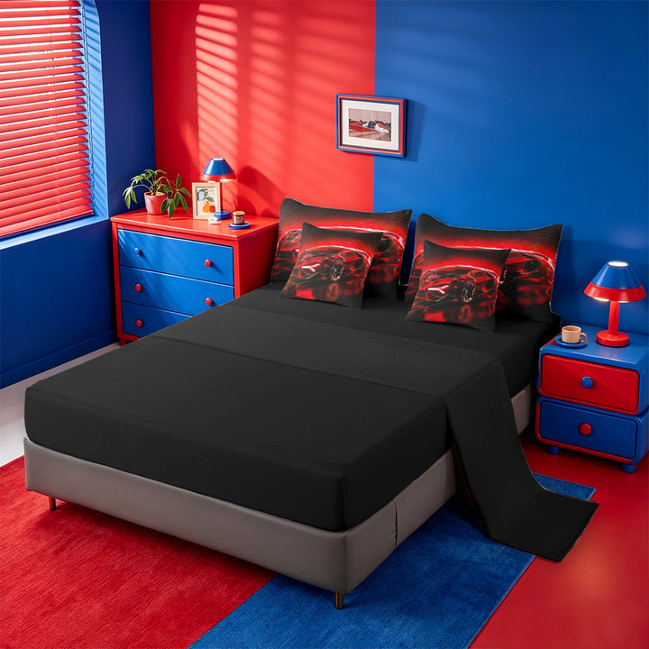 meiyoeat Red Sports Car 7 Pieces Full Size Bedding Sets For Kids,Classic High Speed Games Full Size Bed in a Bag For Boys,Black Reversible
