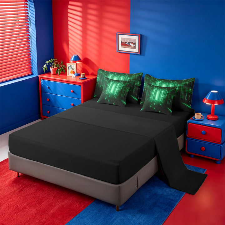 meiyoeat Modern Neon Geometric 7 Pieces Full Size Bedding Sets For Kids,Green Plaid Buffalo Full Size Bed in a Bag For Boys,Black Reversible