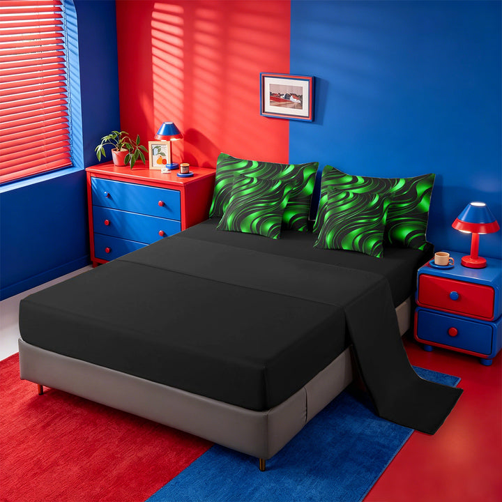 meiyoeat Abstract Geometric Stripes 7 Pieces Full Size Bedding Sets For Boys,Green Neon Lines Pattern Full Size Bed in a Bag For Kids,Black Reversible