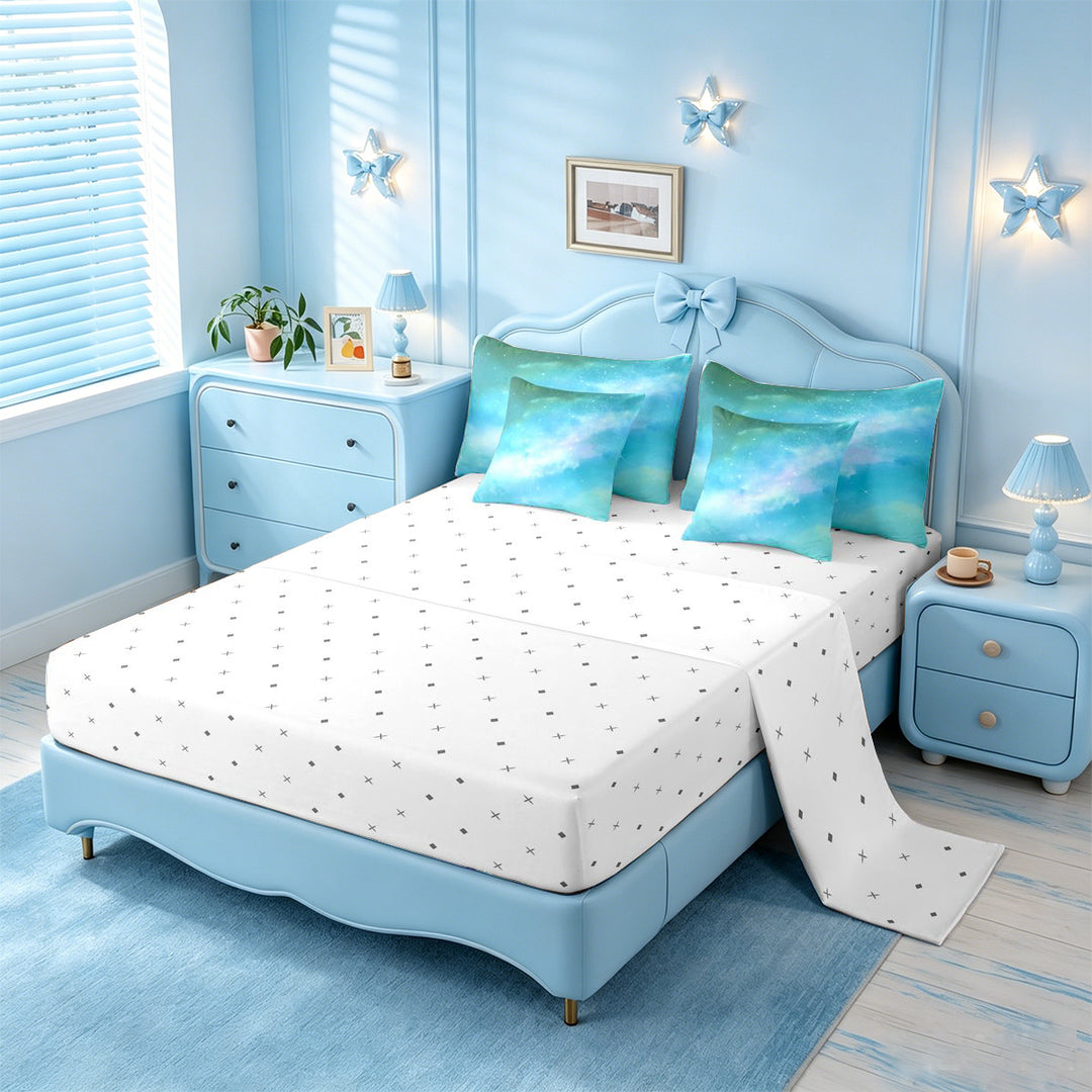 meiyoeat Teal Galaxy Star 7 Pieces Full Size Bedding Sets,Calm Magical Sky Pattern Full Size Bed in a Bag For Girl,Reversible