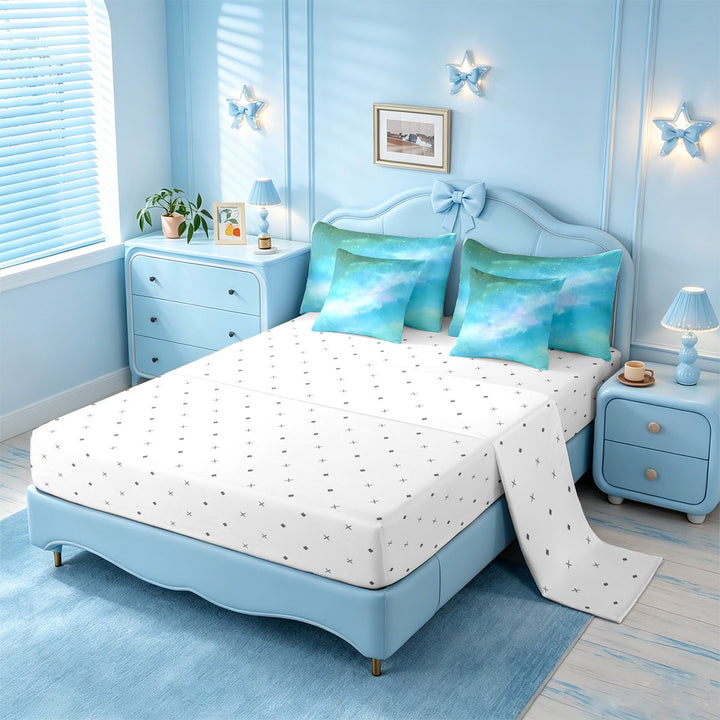 meiyoeat Teal Galaxy Star 7 Pieces Full Size Bedding Sets,Calm Magical Sky Pattern Full Size Bed in a Bag For Girl,Reversible