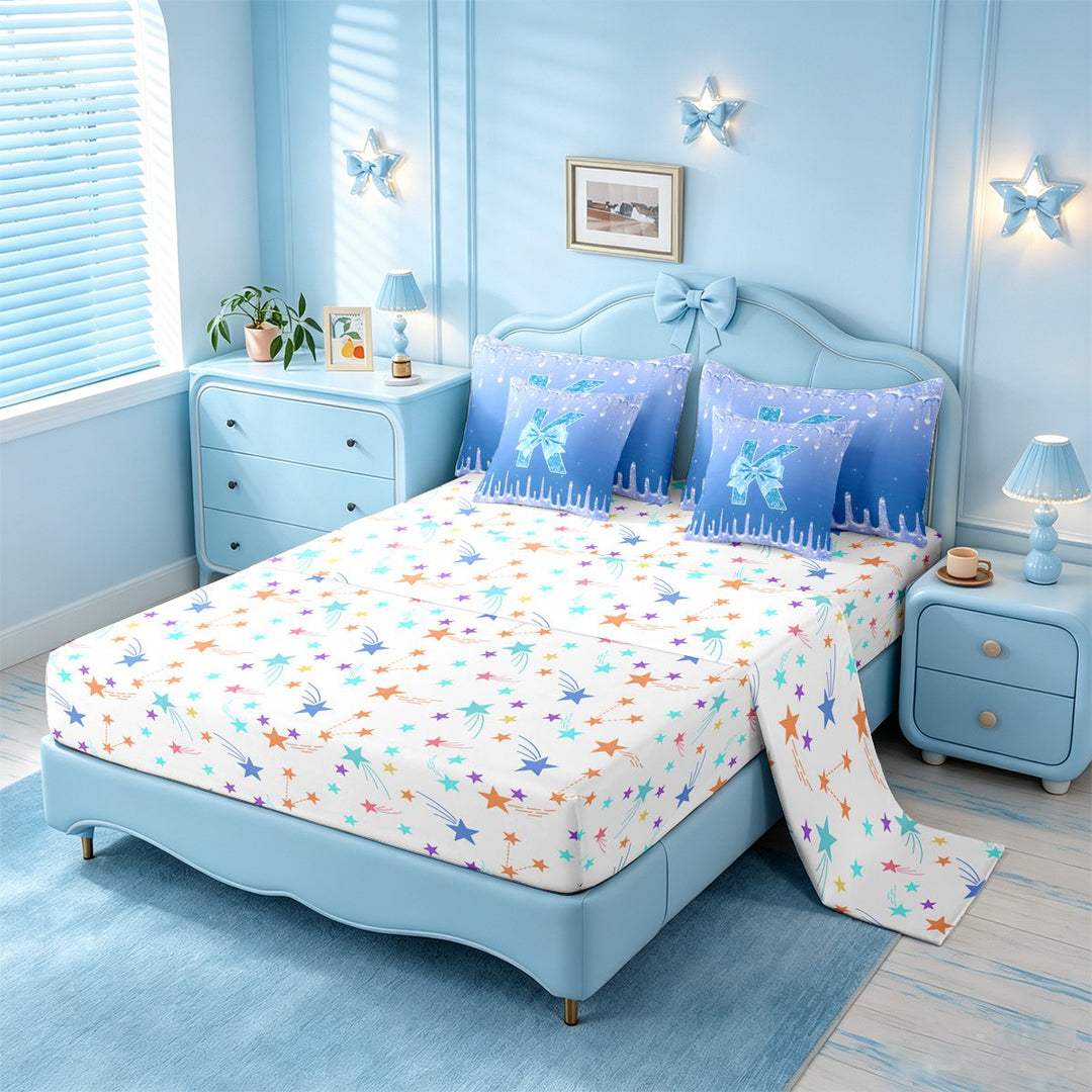 meiyoeat Blue Princess Bow 7 Pieces Full Size Bedding Sets,Blue Glitter Print Monogrammed K Letter Full Size Bed in a Bag For Girl,Colorful Stars Reversible