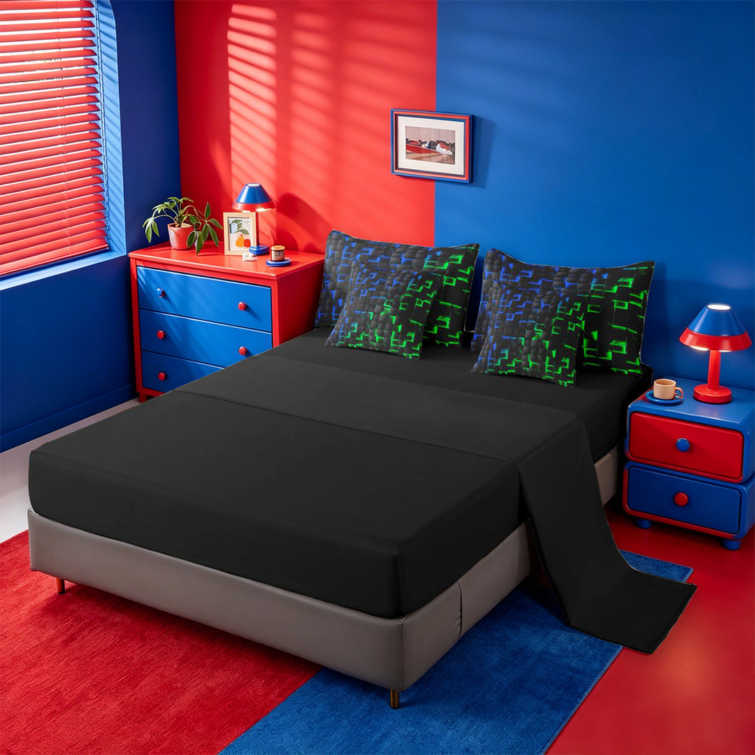meiyoeat 3D Buffalo Plaid 7 Pieces Full Size Bedding Sets For Kids,Green Blue Geometric Pattern Full Size Bed in a Bag For Boys,Black Reversible