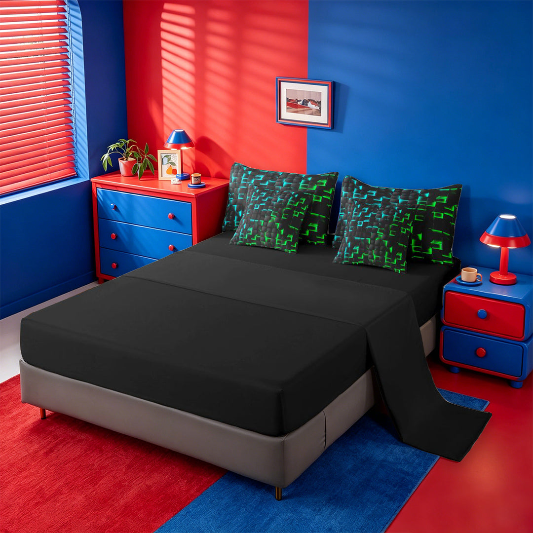 meiyoeat Classic Geometric Checkered 7 Pieces Full Size Bedding Sets For Kids,Gradient Neon Blue Green Full Size Bed in a Bag For Boys,Black Reversible